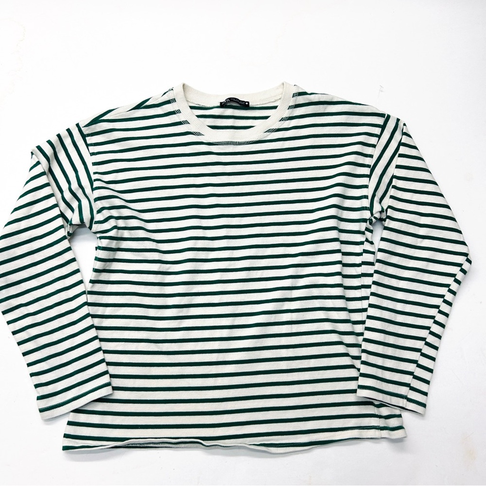 Zara Green and White Striped Mariner Breton Style Knit Tee Top Shirt